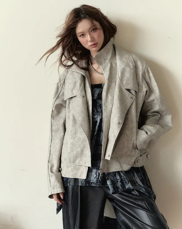 Suede Oversized Biker Jacket Welt Pockets Slit Pockets Flap Pockets