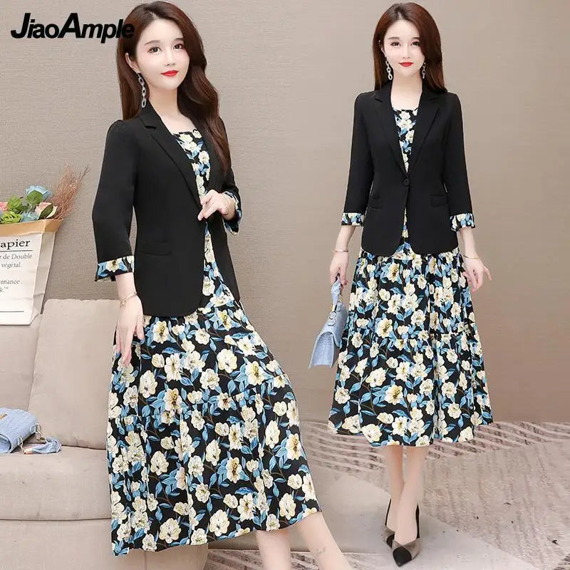 Yipinpay Women's Casual Floral Sling Dress Set 2024 Spring Autumn New Suit Jacket Dresses Two Piece Female Chic Blazers Midi Skirt Set Jacket Blazer Coat Yipinpay Women's Casual Floral Sling Dress Set 2024 Spring Autumn New Suit Jacket Dresses Two Piece Female Chic Blazers Midi Skirt Set Jacket Blazer Coat