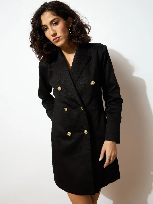 Women Black Full Sleeves Double Breasted Blazer Dress Women's Vintage Jacket