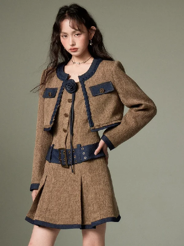 Tweed Short Jacket & Slip Skirt Combo Tailored Jacket Straight Jacket A-Line Jacket