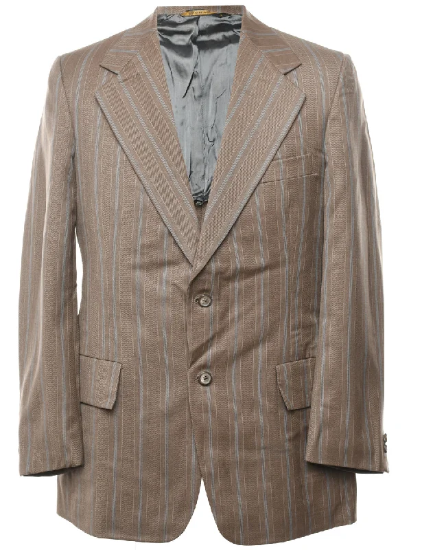 Striped Light Blue & Brown Blazer - L Women's Simple Jacket