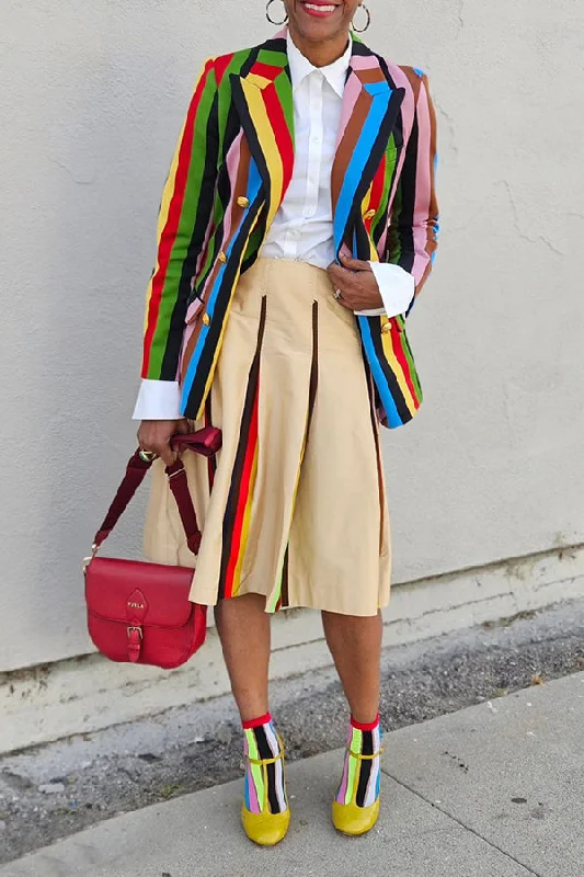 Stylish Striped Colorful Double Breasted Blazer & Skirt Set Women's Classic Blazer