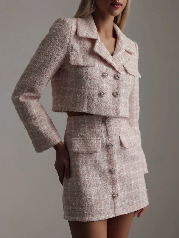 Pink Tweed Cropped Jacket and Skirt Set Oversized Jacket Tailored Jacket Straight Jacket