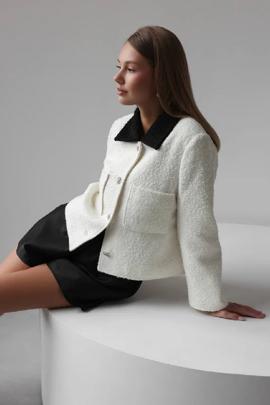 White Cropped Jacket with Black Collar Detail Denim Fabric Leather Fabric Suede Fabric