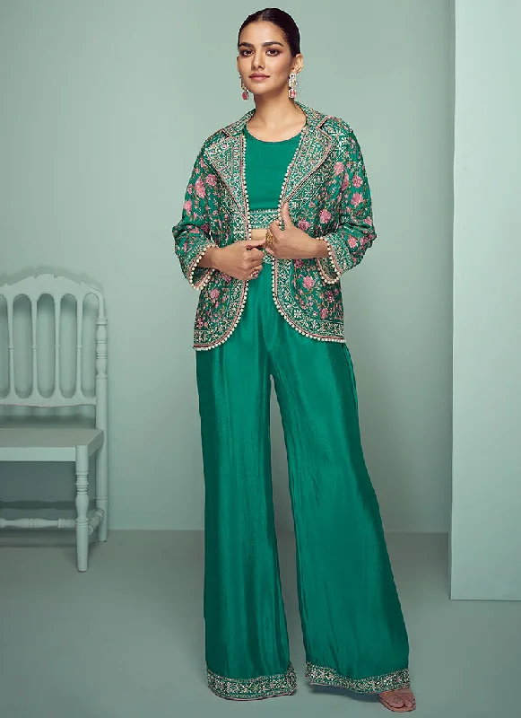 Green Multi Floral Embroidery Blazer Co-Ord Set Women's Trendy Suit
