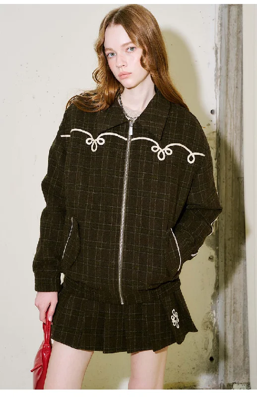 Decorative White Trim Plaid Zip-Up Jacket Set Up Satin Jacket Silk Jacket Chiffon Jacket Decorative White Trim Plaid Zip-Up Jacket Set Up Satin Jacket Silk Jacket Chiffon Jacket