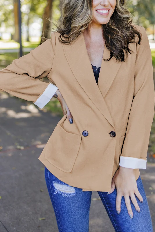 Apricot Buttoned Lapel Collar Blazer with Pocket Women's Simple Blazer