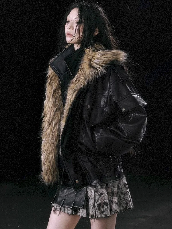 Removable Faux Fur Leather Biker Jacket Zip Front Button Front Snap Front
