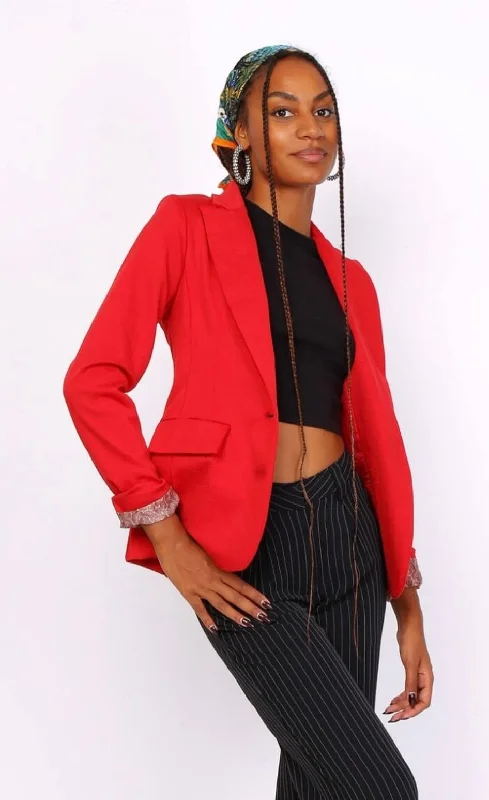Red lined blazer with pockets Women's Print Jacket