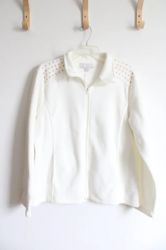 Carolyn Taylor White Fleece Studded Shoulder Full Zip Jacket | L Rayon Jacket Velvet Jacket Corduroy Jacket Carolyn Taylor White Fleece Studded Shoulder Full Zip Jacket | L Rayon Jacket Velvet Jacket Corduroy Jacket