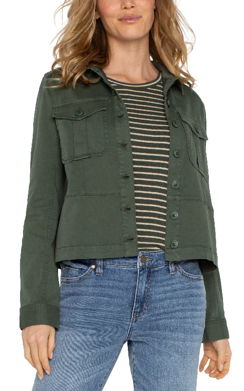 Trucker Jacket w Peplum Hem LM1A84L12 Zip Front Button Front Snap Front