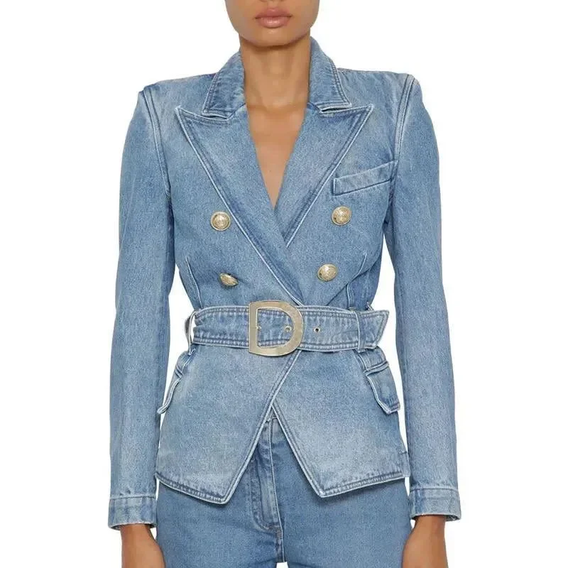 Belted Denim Blazer Women - Casual - Plain-Solid Cotton Blend Blazer