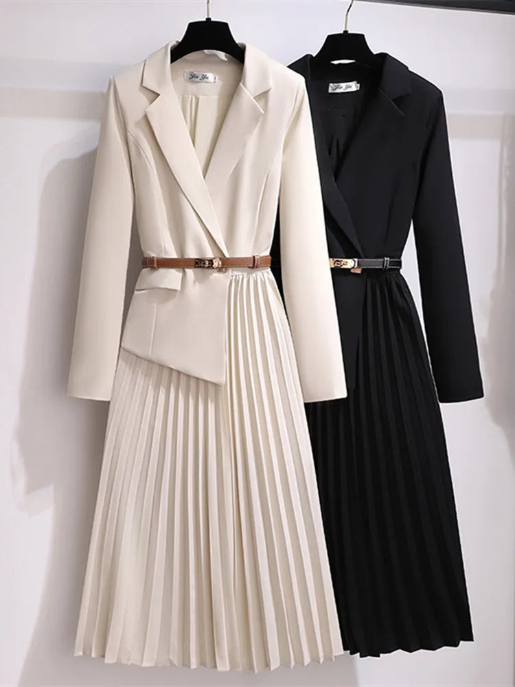 Long Dress Belt Patchwork One Piece Blazer Dress Women Elegant Office Ladies Long Sleeve Notched Female Autumn Midi Vestido Women's Trench Blazer
