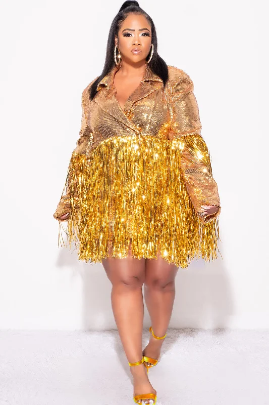 Final Sale Plus Size Sequin Blazer Dress with Tinsel Fringe Bottom in Gold Women's Unique Blazer Final Sale Plus Size Sequin Blazer Dress with Tinsel Fringe Bottom in Gold Women's Unique Blazer