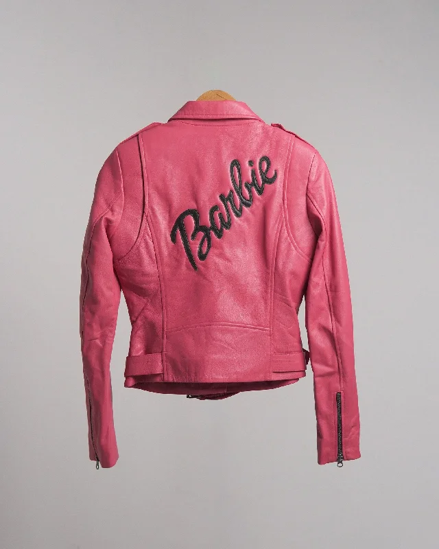 Women Genuine Barbie Pink Leather Biker Jacket