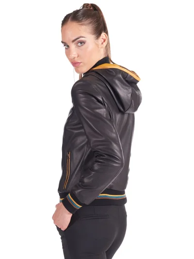 Women’s Bomber Hooded Black Leather Jacket