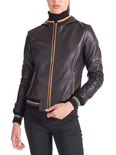 Women’s Bomber Hooded Black Leather Jacket