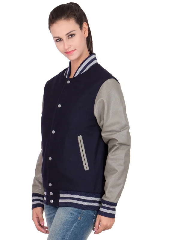 Women's Dark Blue and Grey Varsity Jacket