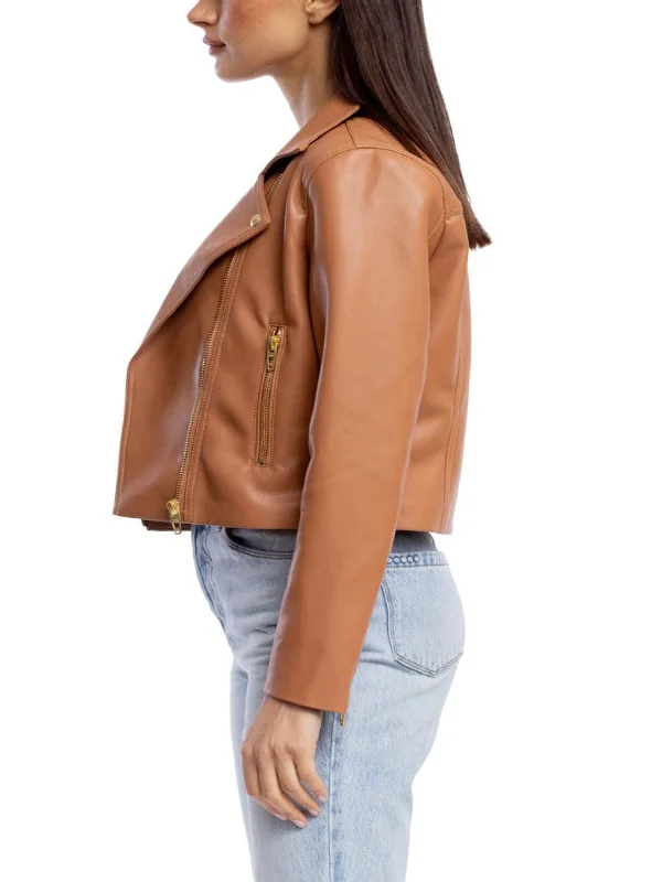 Womens Shiny Brown Leather Moto Jacket