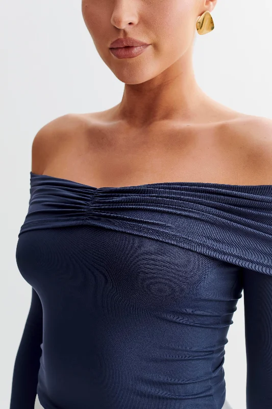 Prue Ruched Off Shoulder Long Sleeve Top - Navy