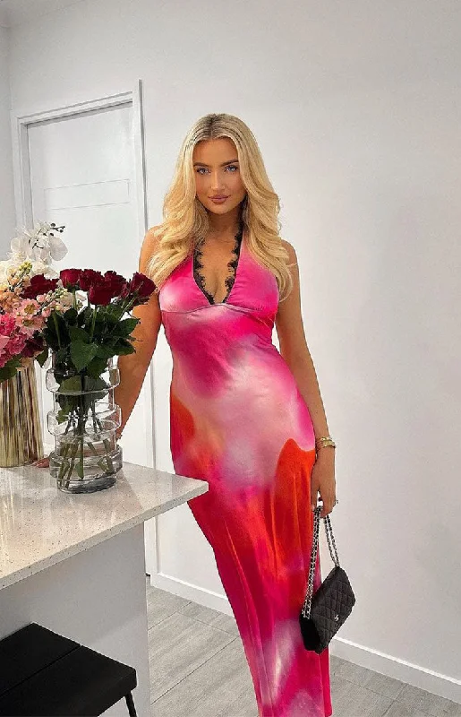 Valletta Pink Print Halter Neck Maxi Dress