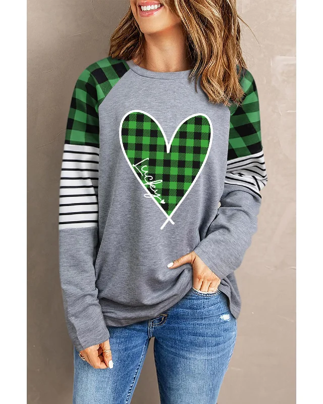 Azura Exchange Plaid Heart Color Block Long Sleeve Top - 2XL