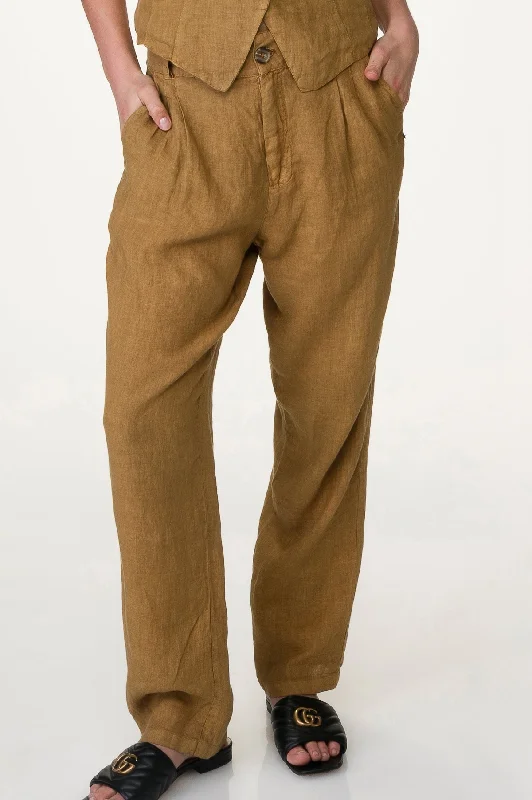 Brown Washed Linen Pleated Front Pants