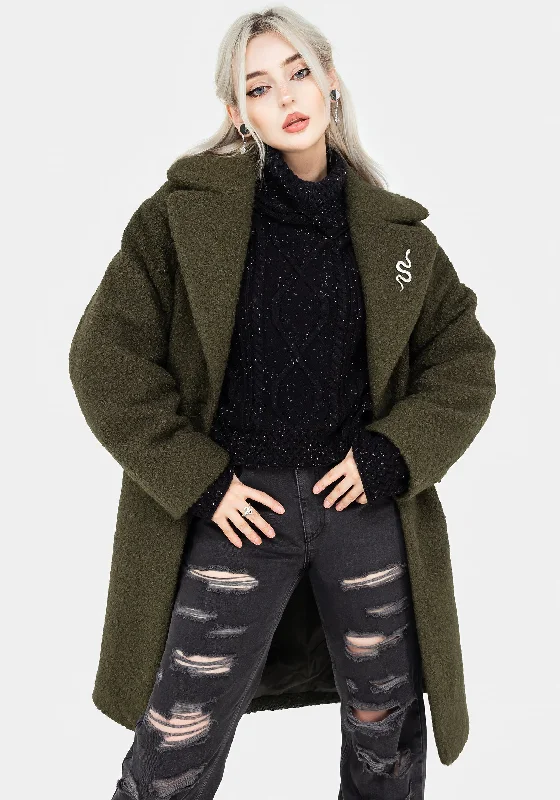 Gorgon Bouclé Oversized Coat with Snake Brooch - Green