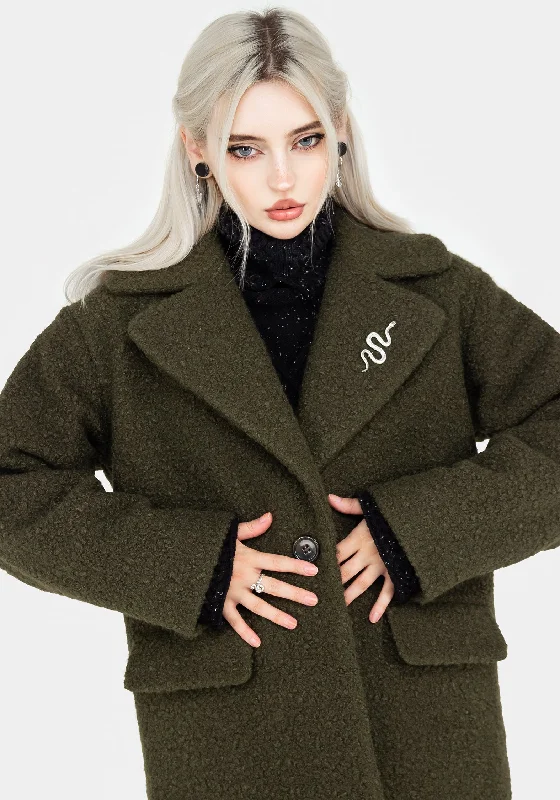 Gorgon Bouclé Oversized Coat with Snake Brooch - Green