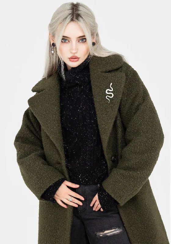 Gorgon Bouclé Oversized Coat with Snake Brooch - Green