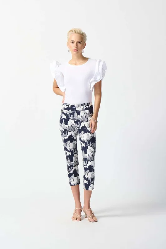 Millennium Scenery Print Cropped Pants in Vanilla/Midnight Blue 242212 by Joseph Ribkoff