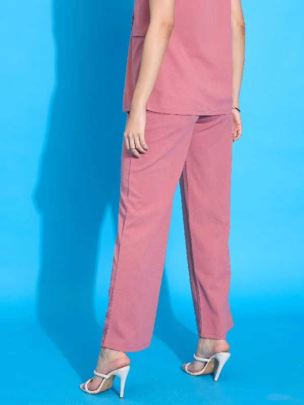 Women Pink Pleated Straight Pants