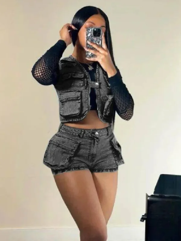 FZ Women's Stretch Sexy Tight Streetwear 2 Piece Denim Shorts Suit