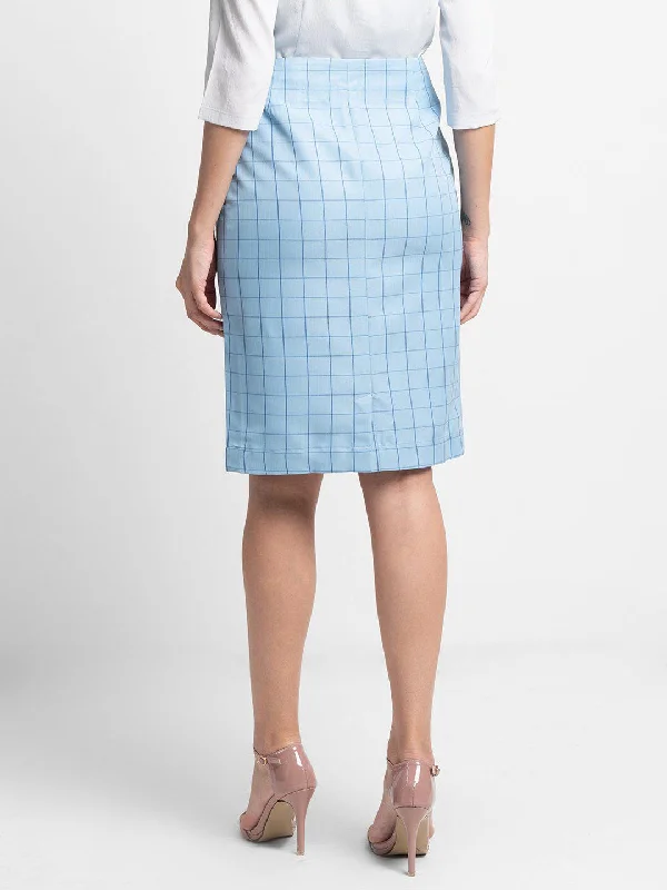 Windowpane Check Straight Skirt - Light Blue