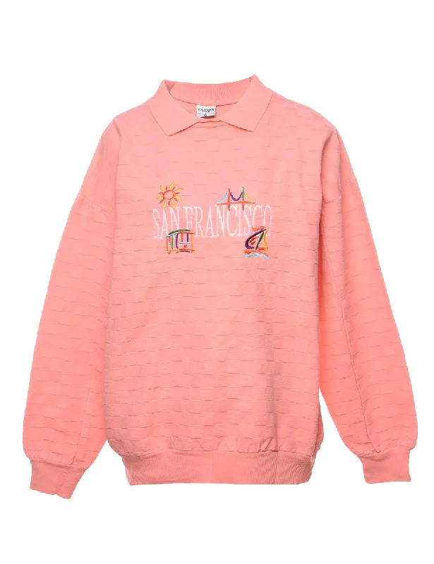 Salmon Pink Embroidered Printed Sweatshirt - M