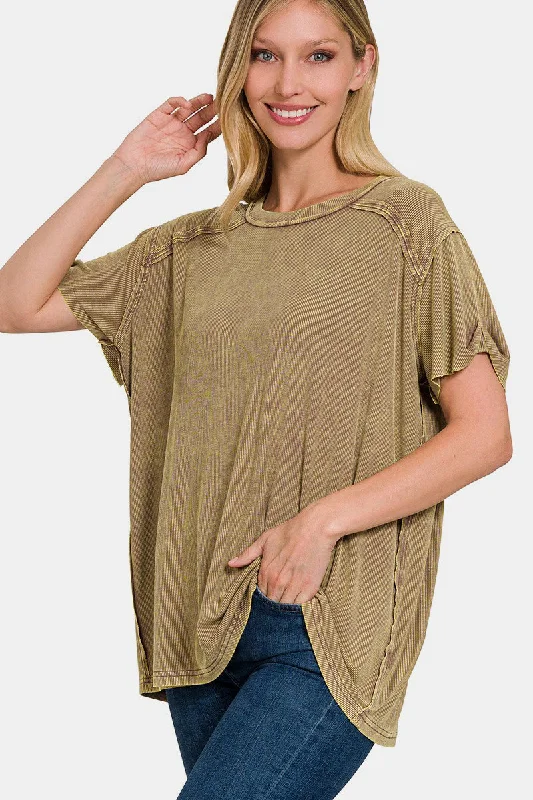 Zenana Washed Ribbed Short Sleeve Top