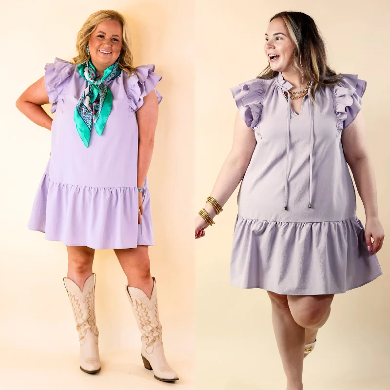 Powerful Love Ruffle Cap Sleeve Dress with Keyhole and Tie Neckline in Lavender Purple