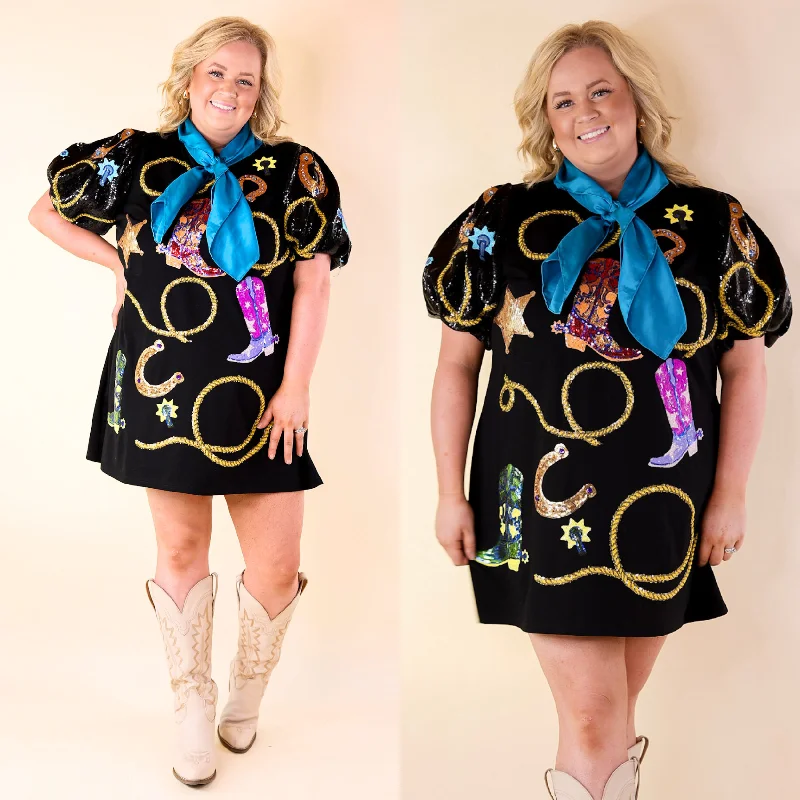 Queen Of Sparkles | Wild West Wanderer Sequin Icon Poof Sleeve Dress in Black