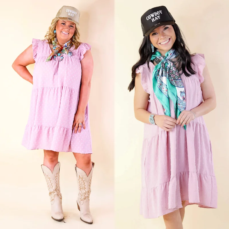 Real Romance Swiss Dot Tiered Dress with Ruffle Cap Sleeves in Mauve Pink