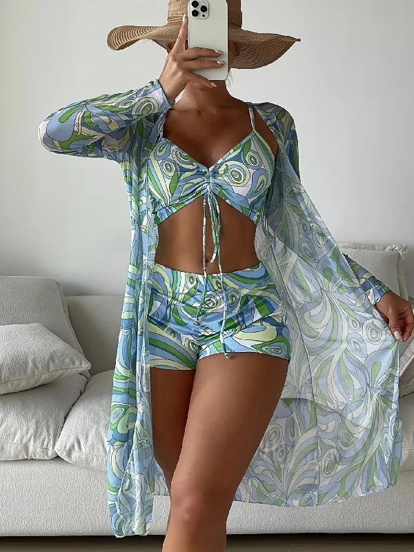 3-piece Geometrical Print Drawstring Bikini Sets Boxer Short High Rise Bathing Suit With Long Sleeve Sheer Cover Up Kimono Shirt Sporty bikini, Comfortable, Athletic, Sexy 3-piece Geometrical Print Drawstring Bikini Sets Boxer Short High Rise Bathing Suit With Long Sleeve Sheer Cover Up Kimono Shirt Sporty bikini, Comfortable, Athletic, Sexy