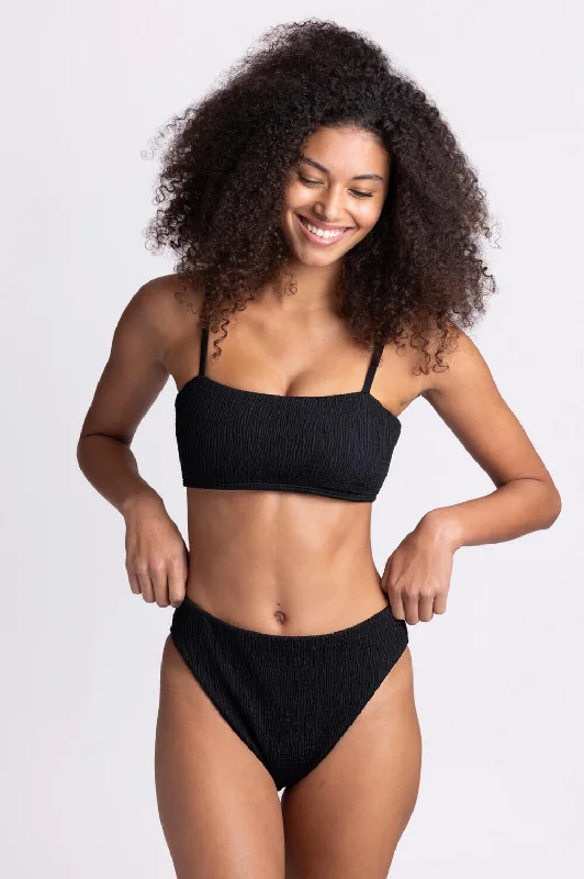 Hazel Smocked Bikini Bottom - Black Bikini with ruffles, Feminine, Chic, Trendy