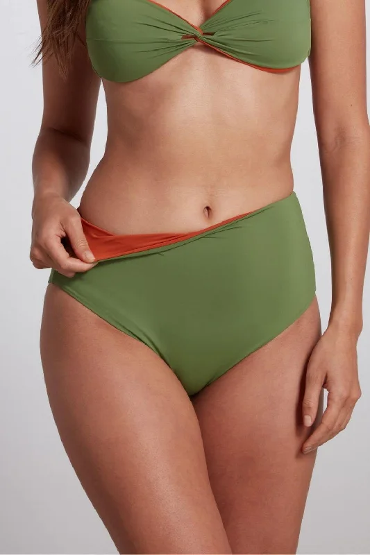 Val Reversible High Waist Bikini Bottom - Green/Pumpkin High-waisted two-piece bikini, Vintage style, Comfortable, Sexy Val Reversible High Waist Bikini Bottom - Green/Pumpkin High-waisted two-piece bikini, Vintage style, Comfortable, Sexy