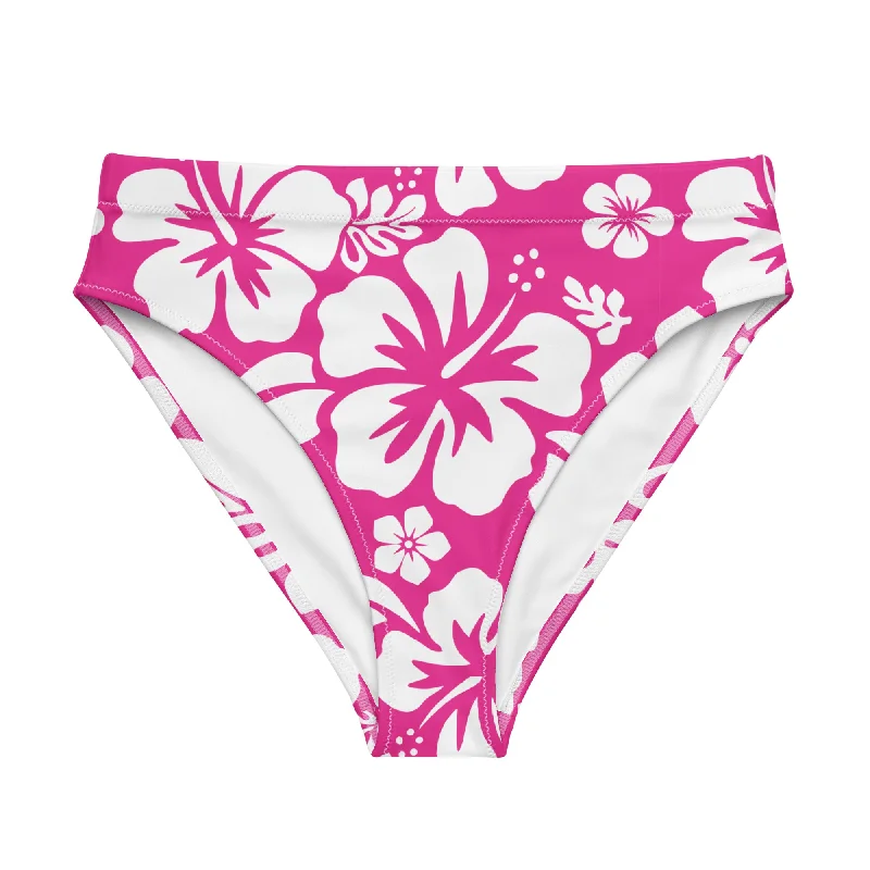 White Hawaiian Hibiscus Flowers on Hot Pink High Waisted Bikini Bottom Sporty bikini top, Comfortable, Activewear, Trendy White Hawaiian Hibiscus Flowers on Hot Pink High Waisted Bikini Bottom Sporty bikini top, Comfortable, Activewear, Trendy