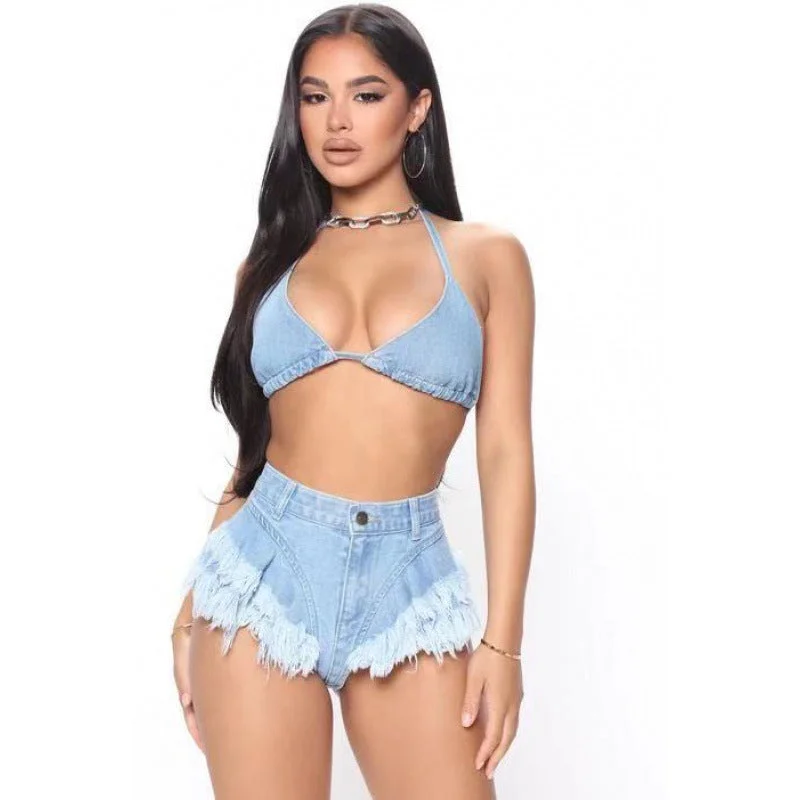 Women's Denim Bikini Set With Jeans Shorts And Bra For Beach Play And Bar Nightclub Performance,Popular Hollow Mesh Lace Set Lace-up bikini top, Trendy, Sexy, Comfortable Women's Denim Bikini Set With Jeans Shorts And Bra For Beach Play And Bar Nightclub Performance,Popular Hollow Mesh Lace Set Lace-up bikini top, Trendy, Sexy, Comfortable
