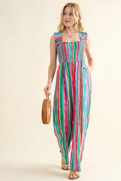 And The Why Full Size Striped Smocked Sleeveless Jumpsuit Off-shoulder jumpsuit, Elegant design, Trendy, Night out And The Why Full Size Striped Smocked Sleeveless Jumpsuit Off-shoulder jumpsuit, Elegant design, Trendy, Night out