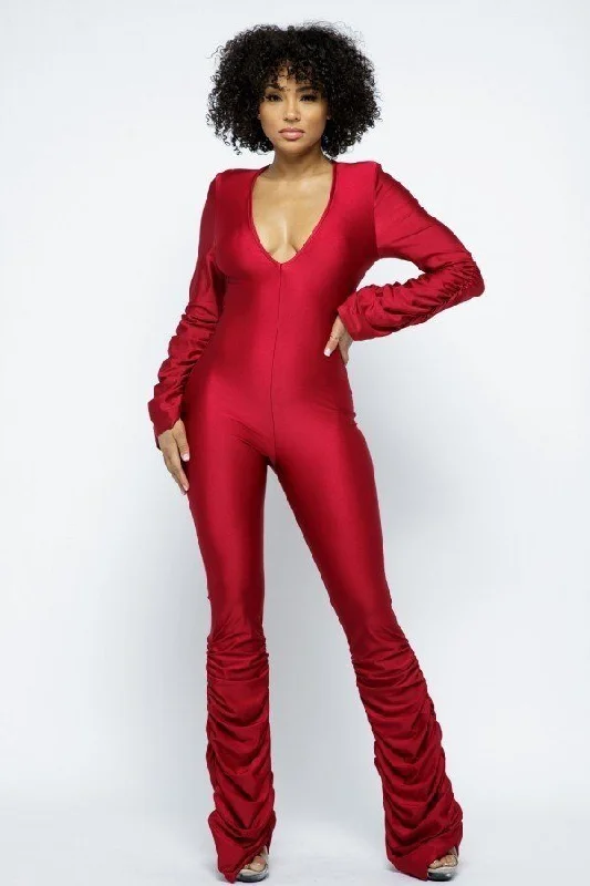 Yoga Shoulder Padded Ruched Stacked Jumpsuit Pleated jumpsuit, Feminine, Chic, Trendy Yoga Shoulder Padded Ruched Stacked Jumpsuit Pleated jumpsuit, Feminine, Chic, Trendy