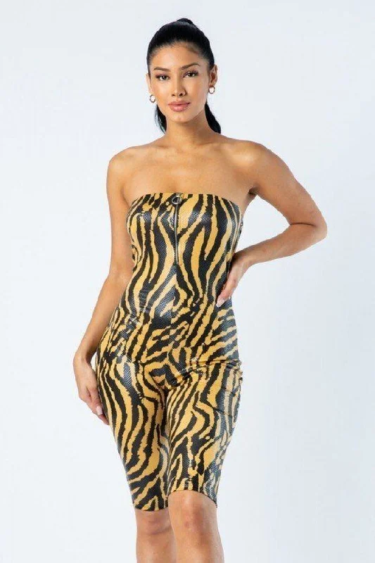 Zebra Print Tube Romper With Front O Ring Zipper Detail Floral print jumpsuit, Feminine, Casual, Trendy Zebra Print Tube Romper With Front O Ring Zipper Detail Floral print jumpsuit, Feminine, Casual, Trendy