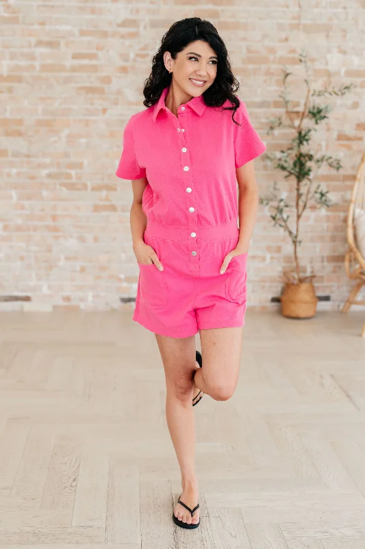 Break Point Collared Romper in Hot Pink Satin jumpsuit, Luxurious, Nightwear, Chic