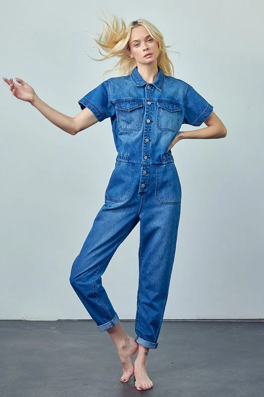 Collared Button Front Denim Jumpsuit Jumpsuit with pockets, Practical, Comfortable, Casual Collared Button Front Denim Jumpsuit Jumpsuit with pockets, Practical, Comfortable, Casual