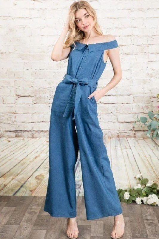 Fold-over Collar Detailed Button Down Off-shoulder Chambray Denim Wide Leg Palazzo Jumpsuit With Waist Tie Crossover jumpsuit, Elegant, Chic, Comfortable Fold-over Collar Detailed Button Down Off-shoulder Chambray Denim Wide Leg Palazzo Jumpsuit With Waist Tie Crossover jumpsuit, Elegant, Chic, Comfortable